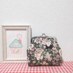 がま口（黒猫ちゃん＊ボタニカル＊チャコールグレー）