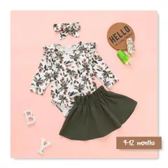 フローラルロンパース＆スカート＆ヘアリボン ダークグリーン 9-12months