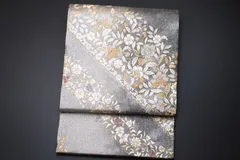 袋帯 銀台ぼかし 唐草花に桜斜取 正絹 六通柄 仕立て済【未使用】