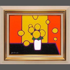 ○お部屋で黄色の光を浴びる〇がんどうあつし油絵画F3号ホワイト額付