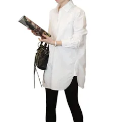 ［スロウアンドメロウ］ロング シャツ 長袖 レディース シンプル 無地 チュニック 丈 ブラウス 白 ホワイト シャツワンピ カワイイ かわいい おしゃれ オシャレ カジュアル トップス Yシャツ ワイシャツ ゆったり [ホワイト] [2XL Regular]