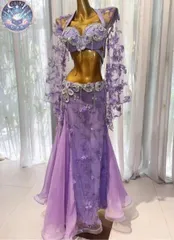 新品 未使用 新作 ベリーダンス衣装 トップスブラ スカート 花柄刺繍 パープル オーダーメイド
