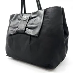 【良品】 PRADA プラダ ハンドバッグ  トートバッグ リボン レザー 革 ナイロン ブラック 黒色 ユニセックス 男女兼用 レディース メンズ