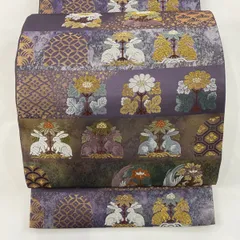 袋帯 うさぎ 流水 素敵なデザイン 六通 正絹 AO-4963 袋帯 美品 名品 桜 うさぎ 金銀糸 箔 黒 六通 正絹 【中古