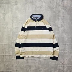 『 TOMMY HILFIGER / トミーヒルフィガー 』 ボーダーポロシャツ ( Lサイズ ) ベージュ✕ネイビー色