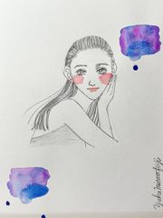 オリジナル手描きイラスト #10 「心の浄化」鉛筆画と水彩画のおしゃれな美人画 プレゼントにも インテリア B5パープル紫