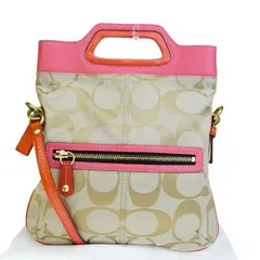 【中古】 美品 コーチ COACH シグネチャー ハンドバッグ ショルダー 2WAY ベージュ ピンク キャンバス レザー エナメル 13393 09HD730