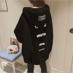 韓国 レディース ジップ パーカー ビッグシルエット アウター 秋冬 長袖 黒