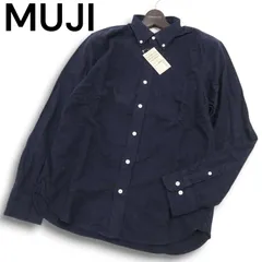 【新品 未使用】 MUJI 無印良品 オーガニックコットン★ 長袖 ボタンダウン フランネル シャツ Sz.L メンズ 紺 ネイビー
