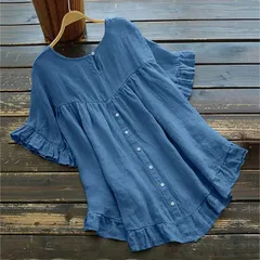 チュニック シャツ  半袖 ブラウス 綿麻 レディース 無地 クルーネック フレア Tシャツ  トップス 裾フレア バックボタン 着痩せ ゆったり 体型カバー おしゃれ 可愛い　シンプル カジュアル ナチュラル 春 夏 秋 kefeiya01