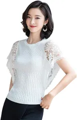hopesun shirt サマーニットレディース レーススリーブ ブラウスレディース、 半袖 チュニック tシャツ トップス レース袖 カットソー 薄手 Uネック 伸縮あり S～XL 2色(NEWホワイト,  S)