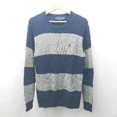 ◇ ⊇ ポロ ラルフローレン コットン100% ハイゲージ ボーダー柄 長袖 ニット サイズXS ネイビー グレー系 メンズ E  【1507030012106】