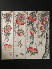 中国古美術・桃図三尺画芯・斉白石印款・水墨彩色画・純手描き・文房