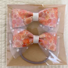 女の子　リボンヘアゴム　花柄チュール　オレンジ色　2個セット