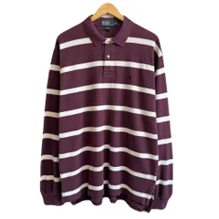 Polo Ralph Lauren ポロ ラルフローレン ポロシャツ 長袖 ボーダー ワンポイントロゴ 刺繍 バーガンディ×白 XLサイズ No.G804