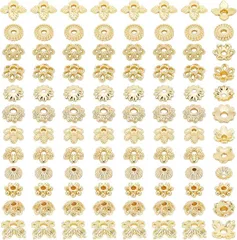 PH PandaHall 約144個 ビーズキャップ ブラス 花座 12種 花型 透かしキャップ スペーサービーズ フラワー チャーム アクセサリーパーツ ジュエリー用 手芸用品 手作り素材 材料 4～6mm(ゴールド)