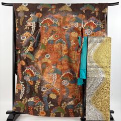振袖 身丈164cm 裄丈66.5cm M 袷 袋帯フルセット 笠松 草花 金彩 ぼかし 茶紫 正絹 名品 【中古】