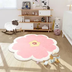 新品 円形 ラグ カーペット AIMECO 絨毯 可愛 い 洗えるラグマット じゅうたん ピンク 花の形チ毯 子供部屋 ラグ 小さめ 丸形 滑り止め付 抗菌 防臭 和風 玄関マット 洗えるラグ 地毯 (Pink120cm)