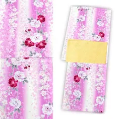 女性浴衣+帯セット フリーサイズ【白ピンク桜/卵色帯】14432-15489
