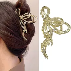 ★即日発送★HAPVITAL バンスクリップ ヘアクリップ オフィス シンプル ヘアアクセサリー 髪留め 人気 韓国風 おしゃれ 贈り物 レディース用 大きめ オフィス 髪飾り クリップ (メタルリボンデザイン)