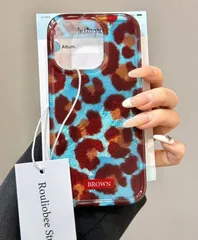 「光沢レオパード柄 クールブルー × ブラウン 上品スマホケース iPhone対応モデル」