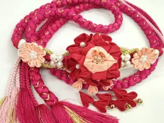 平和屋着物●和装小物　振袖用帯締め　飾り付き　つまみ細工　パール　花　ルビー　金糸　切り房　逸品　未使用　CAAW4159ju