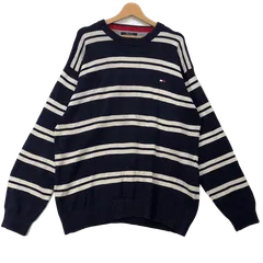 90's/90年代 TOMMY HILFIGER/トミーヒルフィガー ボーダー柄 ニット セーター ワンポイント刺繡 オーバーサイズ ビッグシルエット China製 メンズ XL ネイビー