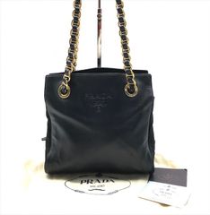 良品 PRADA プラダ ロゴ型押し レザー チェーン ショルダー バッグ ネイビー 紺 ブランド 鞄 かばん レディース k5461
