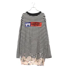 DIESEL (ディーゼル) SUPERIORプリント ダメージ加工 ボーダー 長袖Tシャツ ブラック/ホワイト