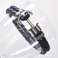 ブレスレット メンズ プラチナ プラチナブレスレット Pt900 アンカー 錨 マリン 編み込み 2連 レザー ネイビー 20cm 日本製 長さ指定作成可能 男性用 地金【人気アイテム】【アクセサリーマート/メルカリShops店】