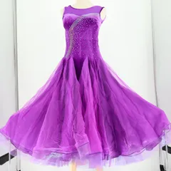 【美品 社交ダンス衣装】パープル ワンピース ドレス フリル レース 紫 タンクトップ ノースリーブ ベロア 高級感 上品 無地 無地 ダンス用 レディース デモ 発表会 パーティ ボリューム