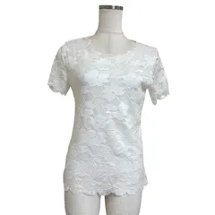 レディース　シアートップス　ストレッチレース　半袖カットソー　白　花レース　ホワイト　M
