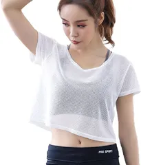 FARFADET メッシュ シャツ 半袖 ヨガ ダンス フィットネス ウェア 無地 クルー ネック レディース トップス トレーニング ウエア( ホワイト,  M)