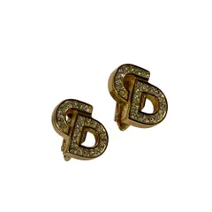 美品 Christian Dior クリスチャンディオール CDロゴ ラインストーン イヤリング アクセサリー ゴールドカラー レディース 古着 中古 USED