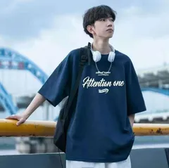 メンズTシャツ半袖トップス（ブルーXLサイズ）春夏秋シンプルプリント洋服053