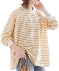 [Elixio] [エリクシオ] レディース ボーダー トップス カットソー ロンT ゆったり 大きいサイズ 長袖tシャツ 長袖 秋 カジュアル 大きめ おしゃれ 綿 コットン ワイドシルエット 定番 (L, イエロー) [イエロー] [L]