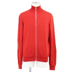 【美品】LOUIS VUITTON ルイ・ヴィトン ドライバーズジャケット ウール × シルク ハイゲージニット エルボーパッチ ドラムレザー シグネチャー ロゴ LV エンブロイダリー ハイネック アウター メンズ サイズ L レッド ベージュ 伊製のサムネイル