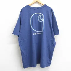 XL/古着 カーハート 半袖 ブランド Tシャツ メンズ ビッグロゴ 胸ポケット付き 大きいサイズ ロング丈 クルーネック 紺 ネイビー 霜降り 25
