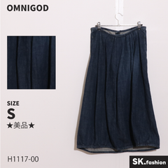 ★美品★ OMNIGOD オムニゴッド スカート　ロング丈　フレア　デニム　バルーン　ポケット付き　綿100％　日本製 　ネイビー　 【H1117-00】 送料無料　古着　レディース