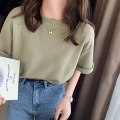 ☆ オリーブ ☆ XLサイズ ☆ ワッフルカットソー クルーネック トップス ワッフル Tシャツ 半袖 レディース クルーネック ワッフル生地 半袖Tシャツ トップス カットソー おしゃれ シンプル 無地 春 夏 秋 カジュアル きれいめ 大人 オシャレ 薄手