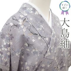 【中古】 すごい値！ 本場大島紬 リサイクル 着物 袷 正絹 泥染 7マルキ 薄灰紫 梅 花 カジュアル 仕立て上がり 身丈168 裄丈67 Ｌサイズ 春 秋 冬 普段着 観劇 お食事 ショッピング お出かけ リユース すごいね みやがわ nek01487