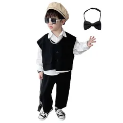 [YCharu] キッズ フォーマル 男の子 フォーマルスーツ 入学式 男の子 スーツ 120 4点セット 卒業式 小学生 男の子 ゆったり 上下セット キッズ 長袖 カジュアルスーツ キッズ 発表会 入園式 七五三 (JP, 身長, 130, ブラック)