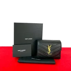 極 美品 箱 袋付き SAINT LAURENT PARIS サンローランパリ YSL ロゴ 金具 レザー 本革 三つ折り財布 ミニ ウォレット ブラック 05115