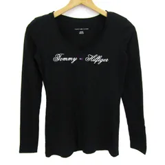 トミーヒルフィガー 長袖Ｔシャツ トップス Vネック ロゴT レディース XSサイズ ブラック TOMMY HILFIGER 【中古】