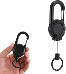 enconson リールキーホルダー カラビナ付き キーチェーン リールストラップ キーリール 伸びるキーホルダー ワイヤーキーホルダー 金属ワイヤー 頑丈 軽量 高性能 強力 大型 釣り 登山 キャンプ 防災 アウトドア 紛失防止(ブラック)