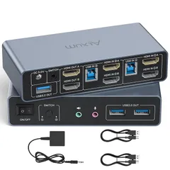 【新着商品】Alxum USB 3.0 2台 HDMI KVM切り替え器 オーディオおよびマイクポート付き-2入力2出力-4K@60Hz 3ポートUSB A キーボード、マウス、モニターを共有 PC2台用 HDMI2.0/1.4専用ドライバー不要 手元スイ 0