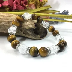 タイガーアイ×クラック水晶 パワーストーン ブレスレット 天然石ブレス (シルバー) 10mm メンズ・レディース 金運 仕事運 願望成就  [11]