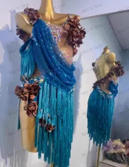 新品 未使用 新作 ダンスウェア ラテンダンス 舞台 発表会 ダンス衣装 社交ダンス 新作 オーダーメイド 社交ダンス衣装　ラテンワンピース フリンジ 花