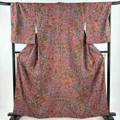 小紋 身丈161.5cm 裄丈67cm M 袷 草花 金彩 縮緬 ピンク 正絹 美品 秀品 【中古】