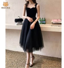 新品 未使用 カラードレス パーティードレス ミディアム丈 黒 ブラック ウェディングドレス お呼ばれ 結婚式 二次会 演奏会 発表会 シフォン ふんわり 韓国 肩ひも リボン フレアスカート ベーシックドレス 1017のサムネイル